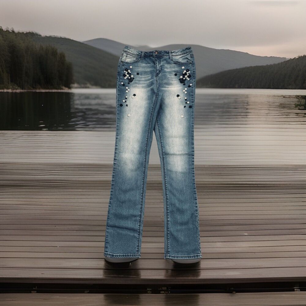 Black Daisy Kate Straight Leg Embroidered Jeans 5/27 (26x29) Blue Stretch Womens - Picture 2 of 9